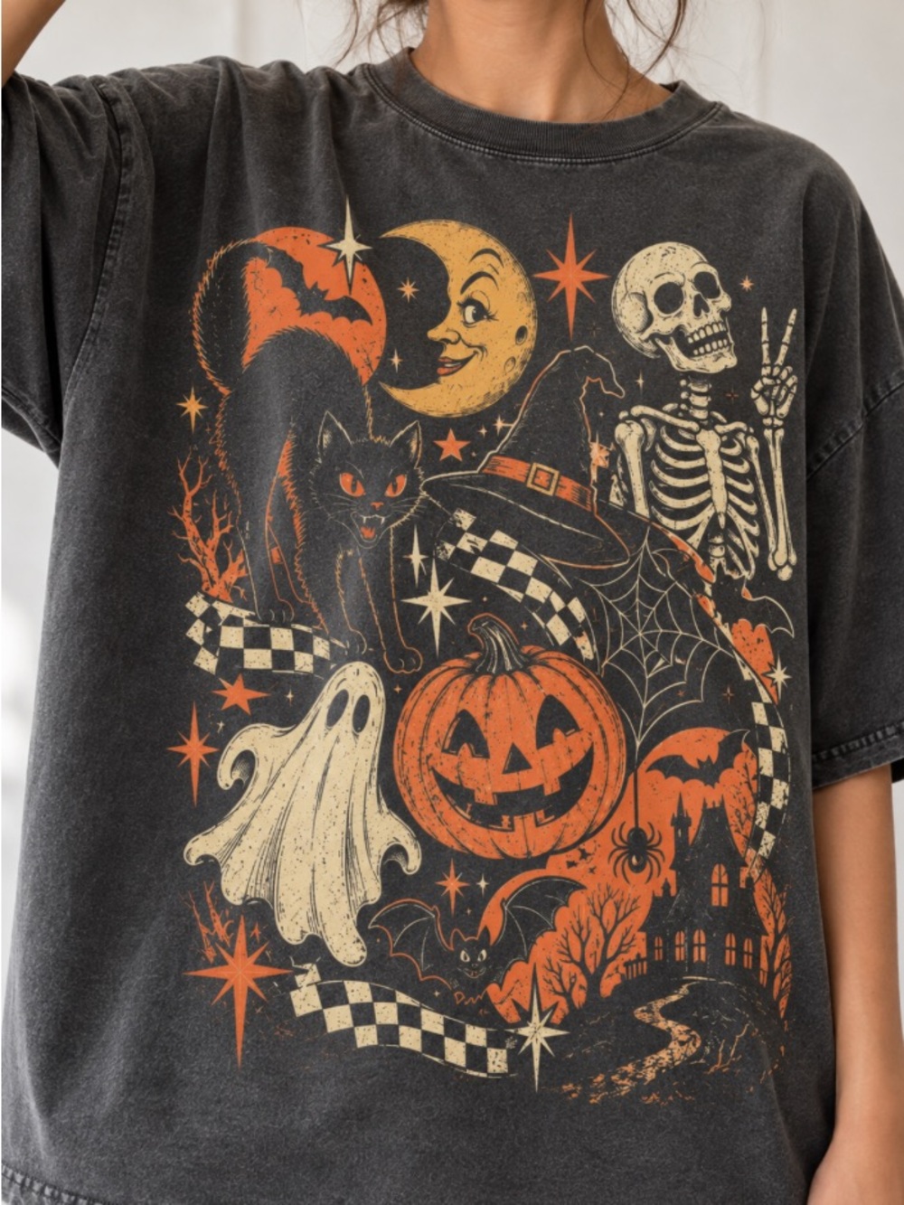 Halloween Shirt, Black Cat Ghost Skeleton T-Shirt, Spooky Cute Pumpkin Witch Tee - Picture 4 of 7